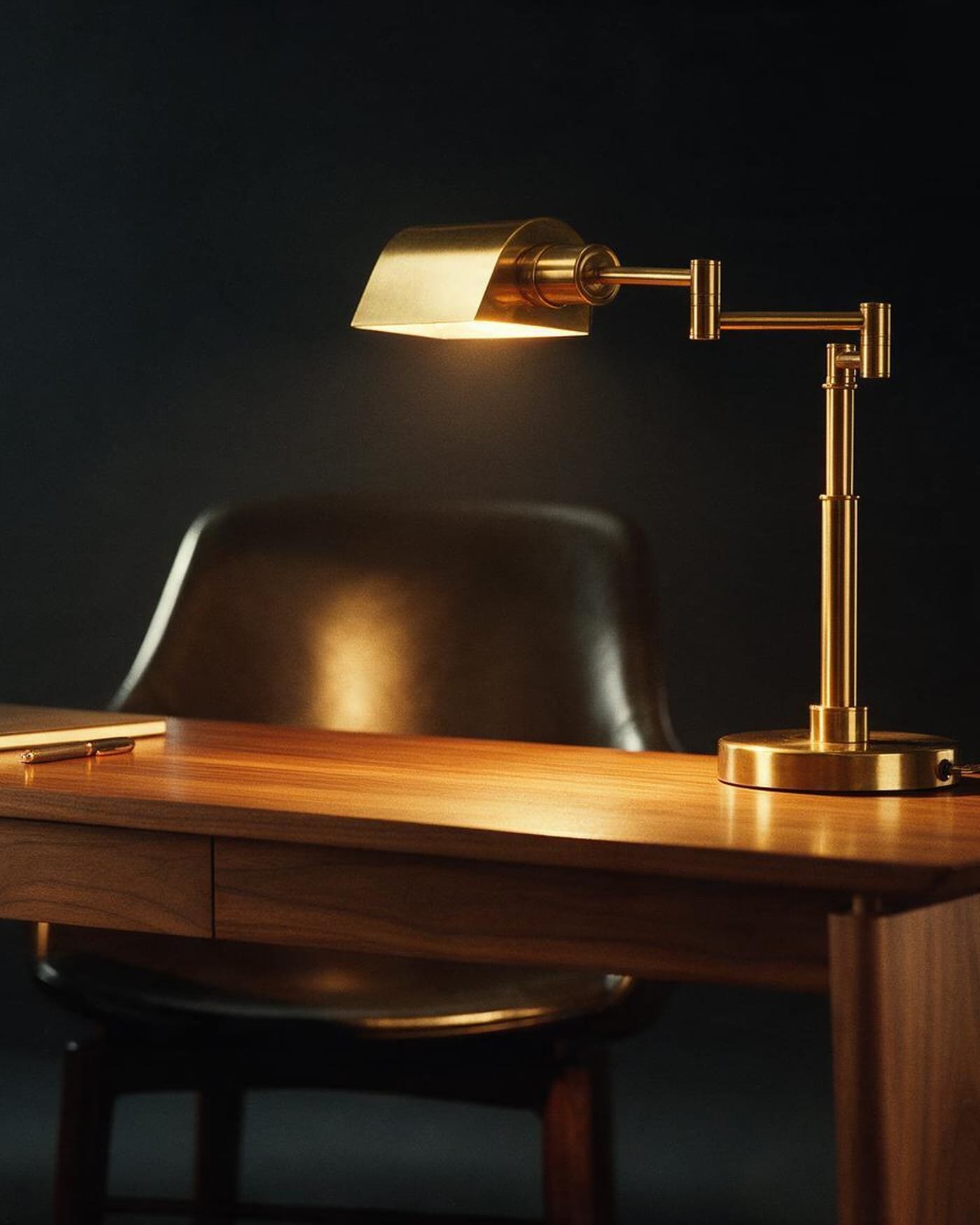 A desk with one lamp on, chair pulled back